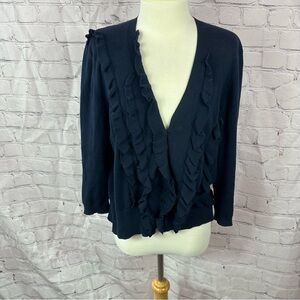 Cremieux Navy Ruffle cotton Cardigan couquette girl office classic nautical